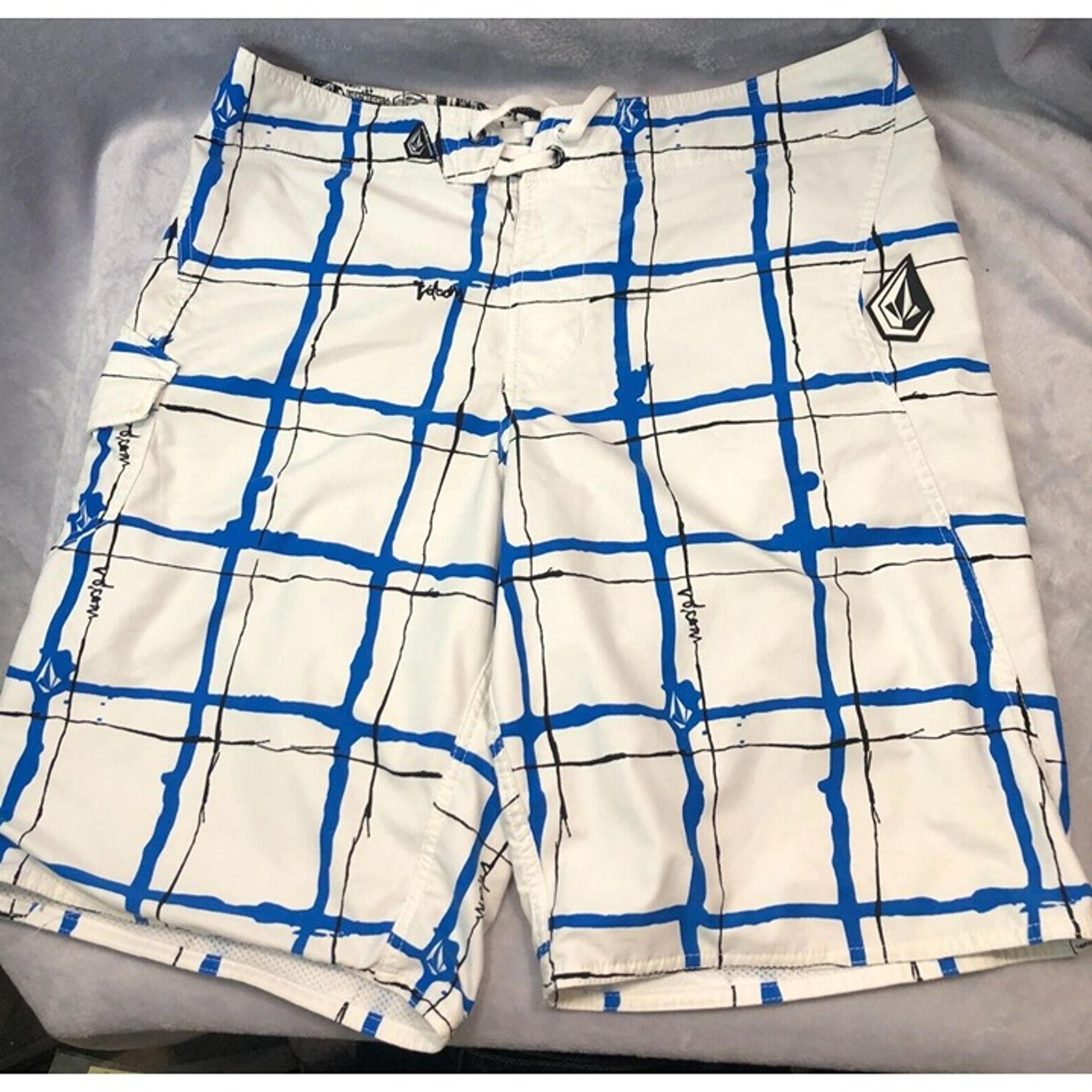 Volcom Shorts Mens Size 34 Blue White Plaid Board Shorts Swim Trunks Surfing