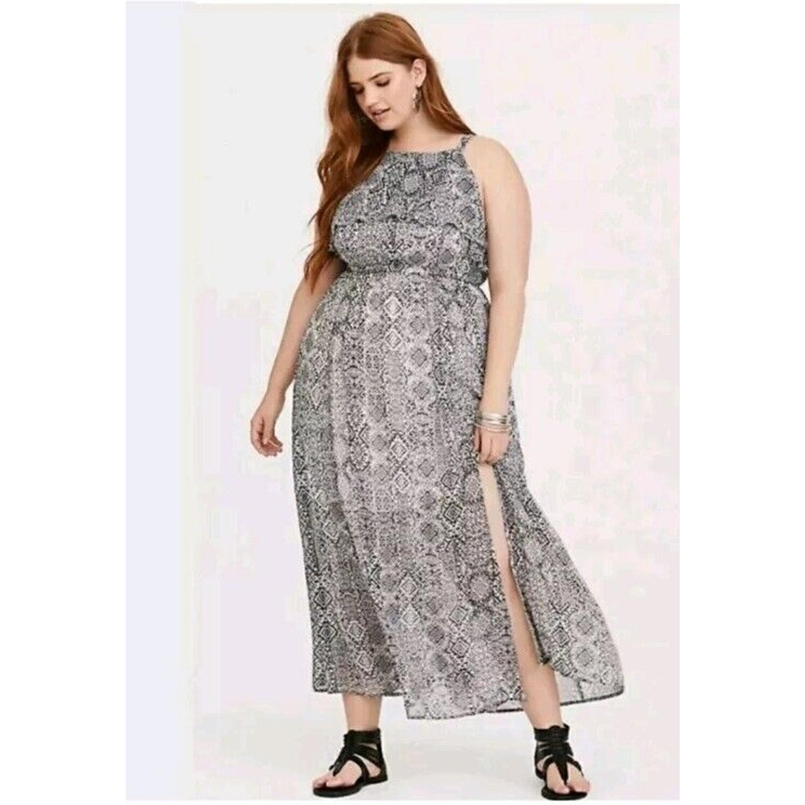 Torrid Black White Patterned Maxi Dress Lined Tie V-Neck Ruffle Sleeves Size 1