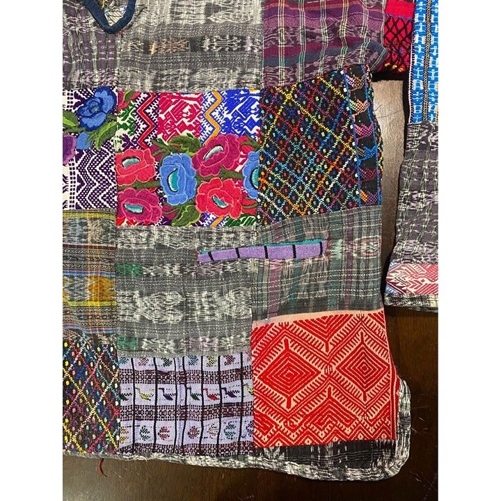 VTG 70s HANDMADE Quilt shops Patchwork Vibrant Sweater Shirt Flowers Hippy Coogi XL