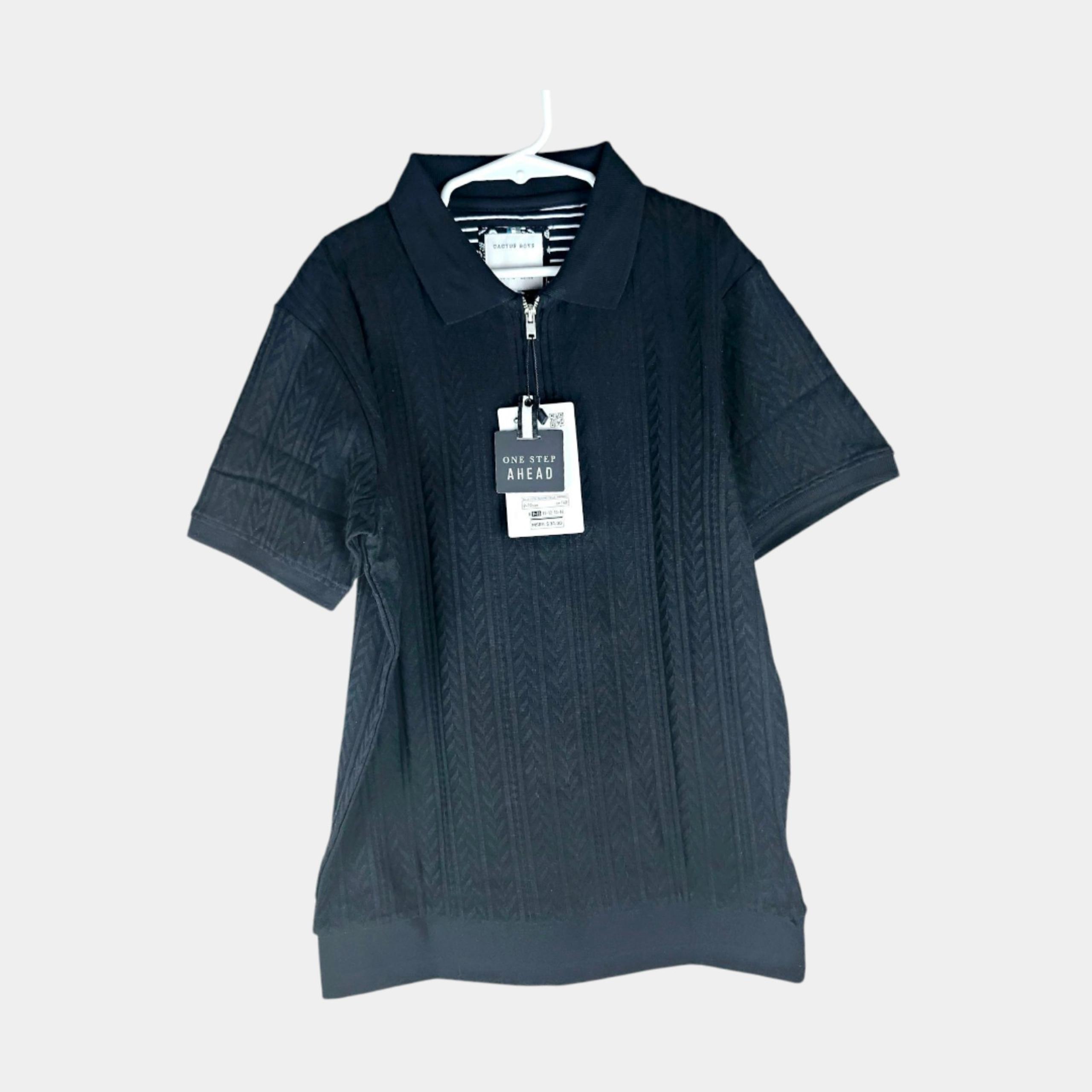 Black Cabled Cotton Zip Polo - Denim & Flower