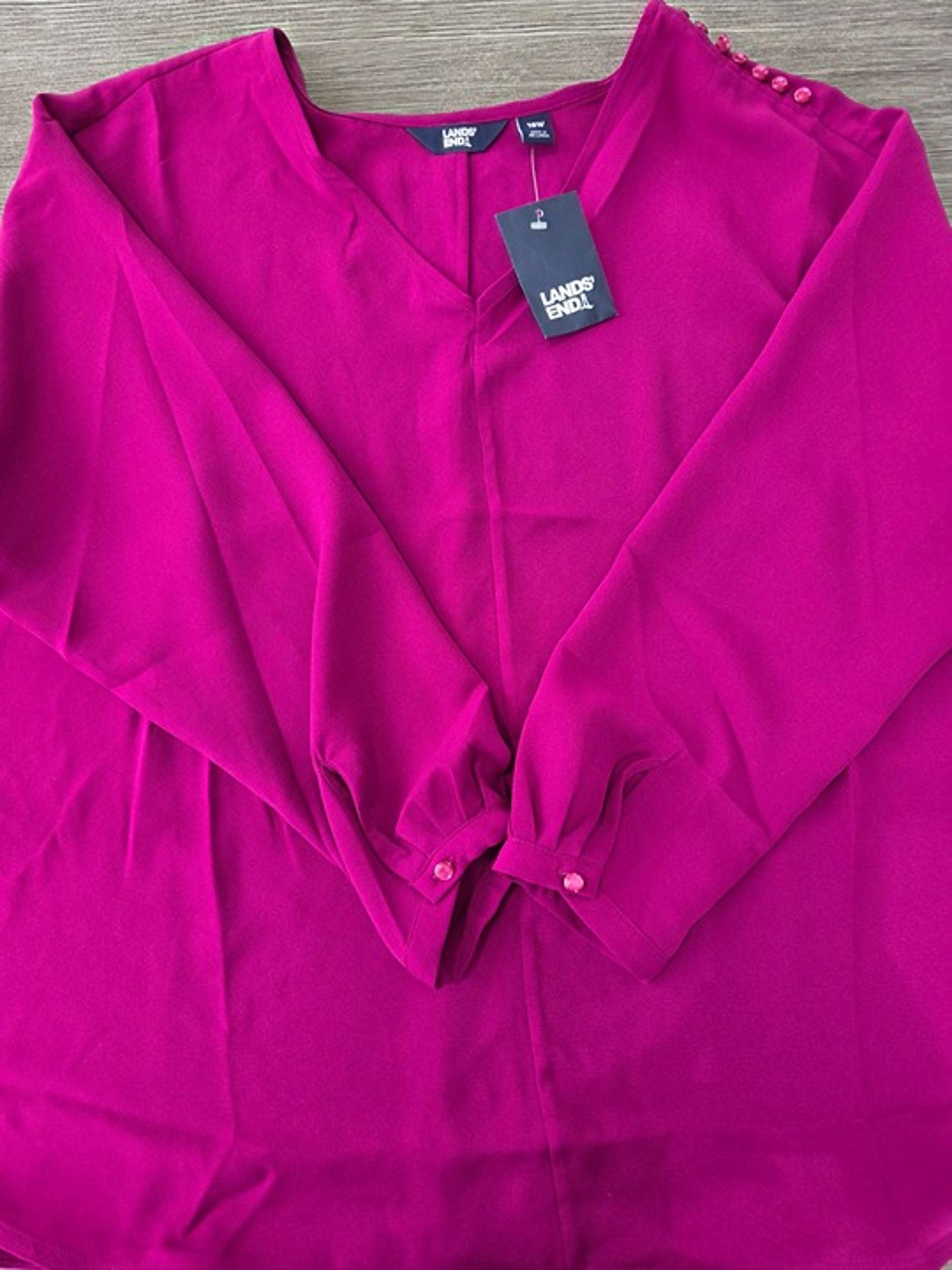Lands End Womens Fuchsia Button Accent Blouse L Long Sleeve Top Lightweight Boho