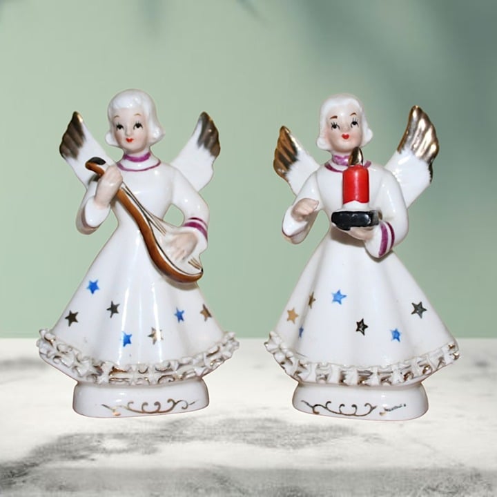 Set of Two Vintage Christmas Porcelain Ceramic Angel Figurines Japan