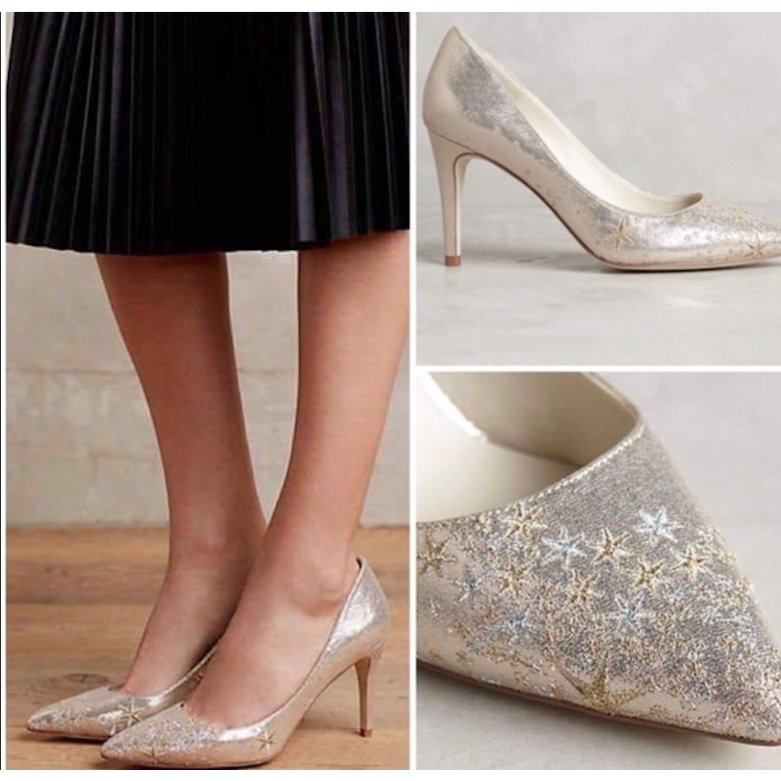 Billy Ella Anthropologie Gold Embroidered Star Heels Stiletto Pumps Size 9