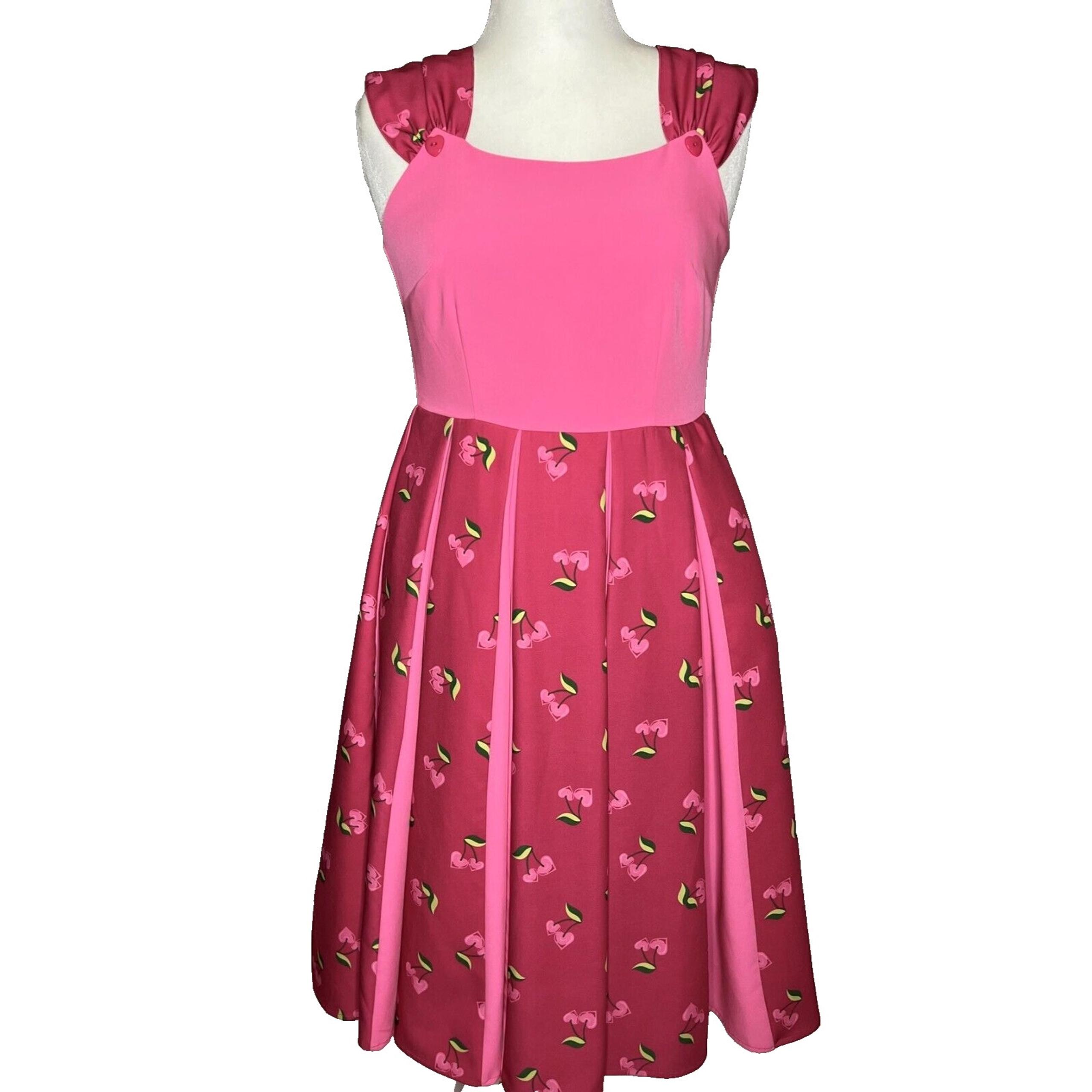Unique Vintage Women Dress Pink Cherry Heart Flare Swing Skirt Rockabilly 40's M