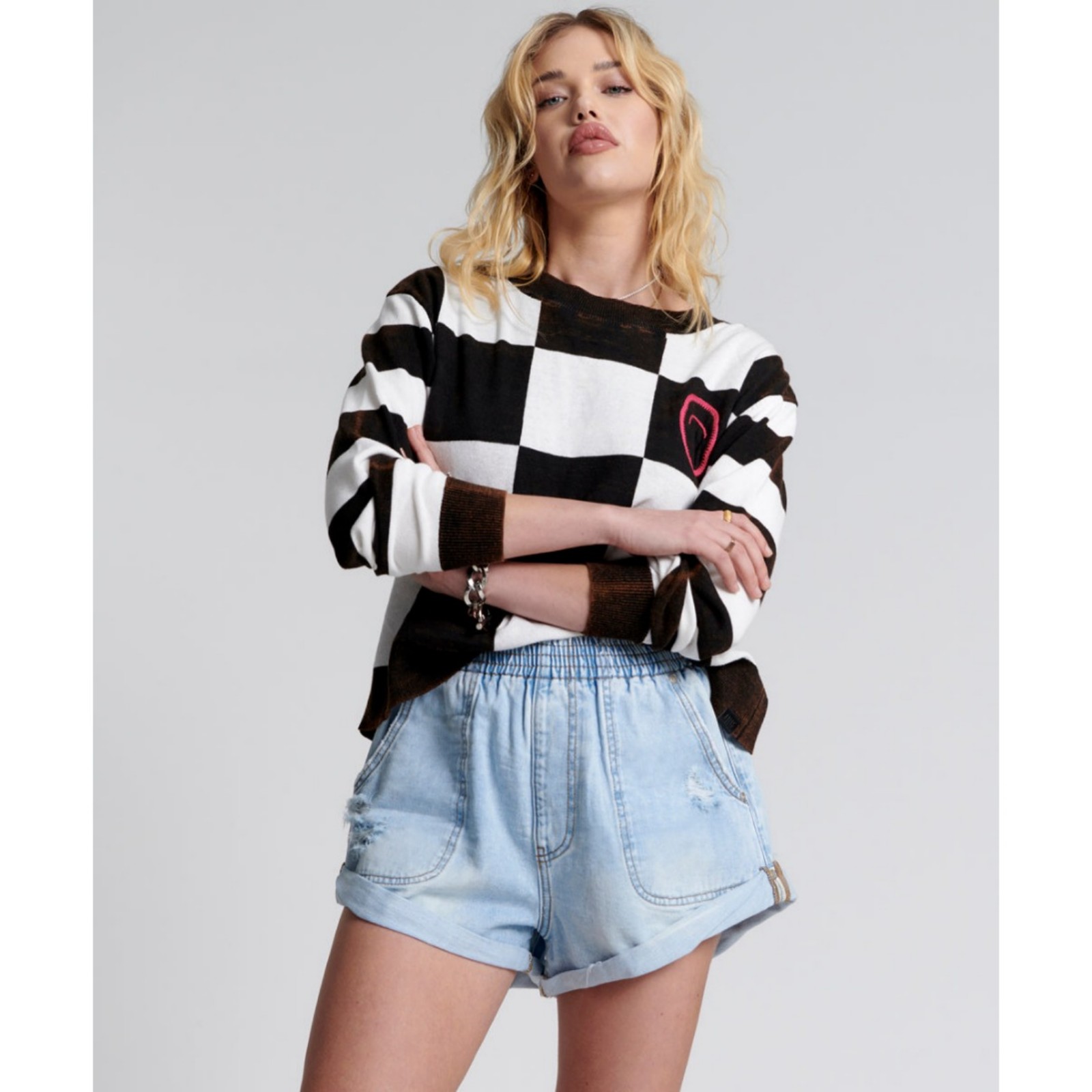 One Teaspoon Scoreboard Smiley Knit Checkered Oversized Sweater Nwt