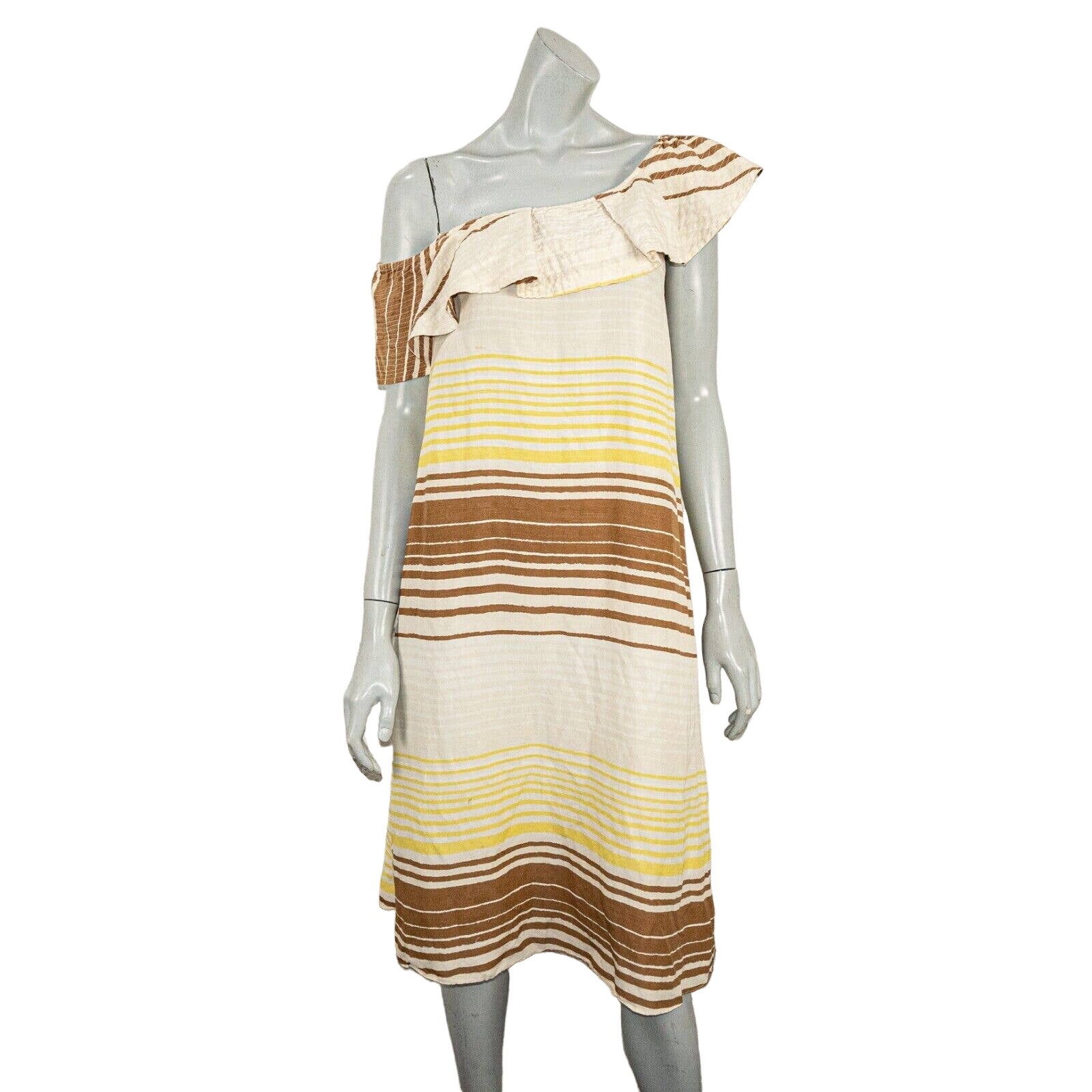 WHiT NY Women's off Shoulder Linen Silk Dress Yellow Brown Stripe Size Small