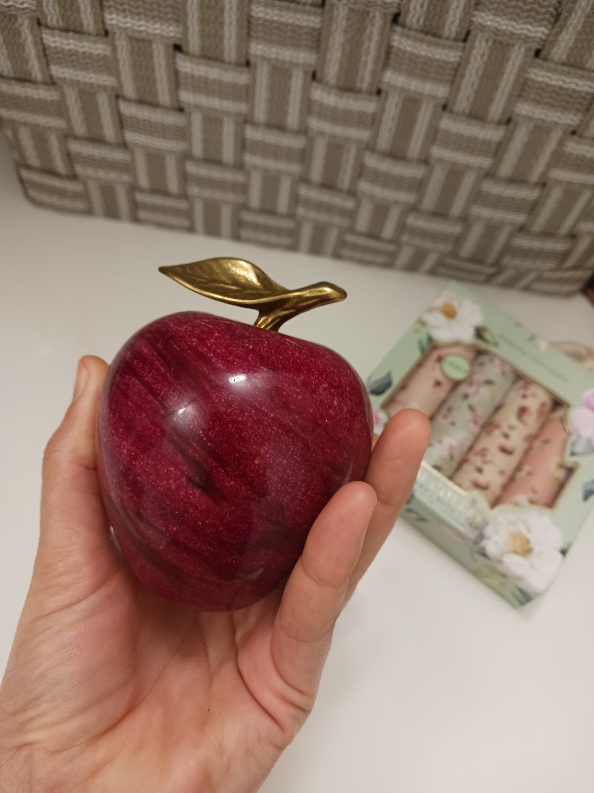 Vintage Red Marble Apple Paperweight with a Brass Stem and Leaf