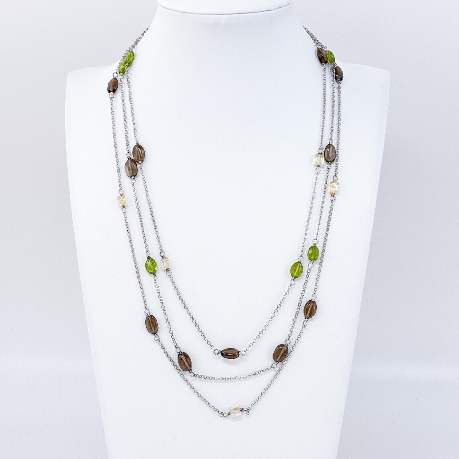 Vintage Sterling Silver Peridot Smoky Quartz Citrine Layered Necklace 17 -19