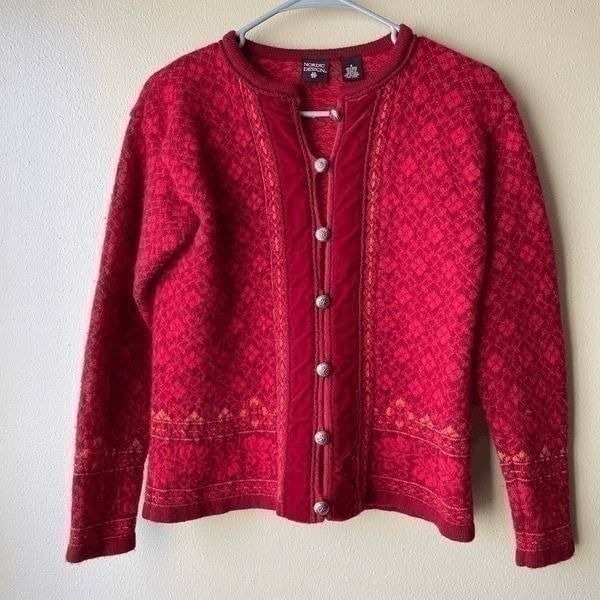 Nordic Design Red and Orange Diamond Pattern Wool Cardigan Size Small
