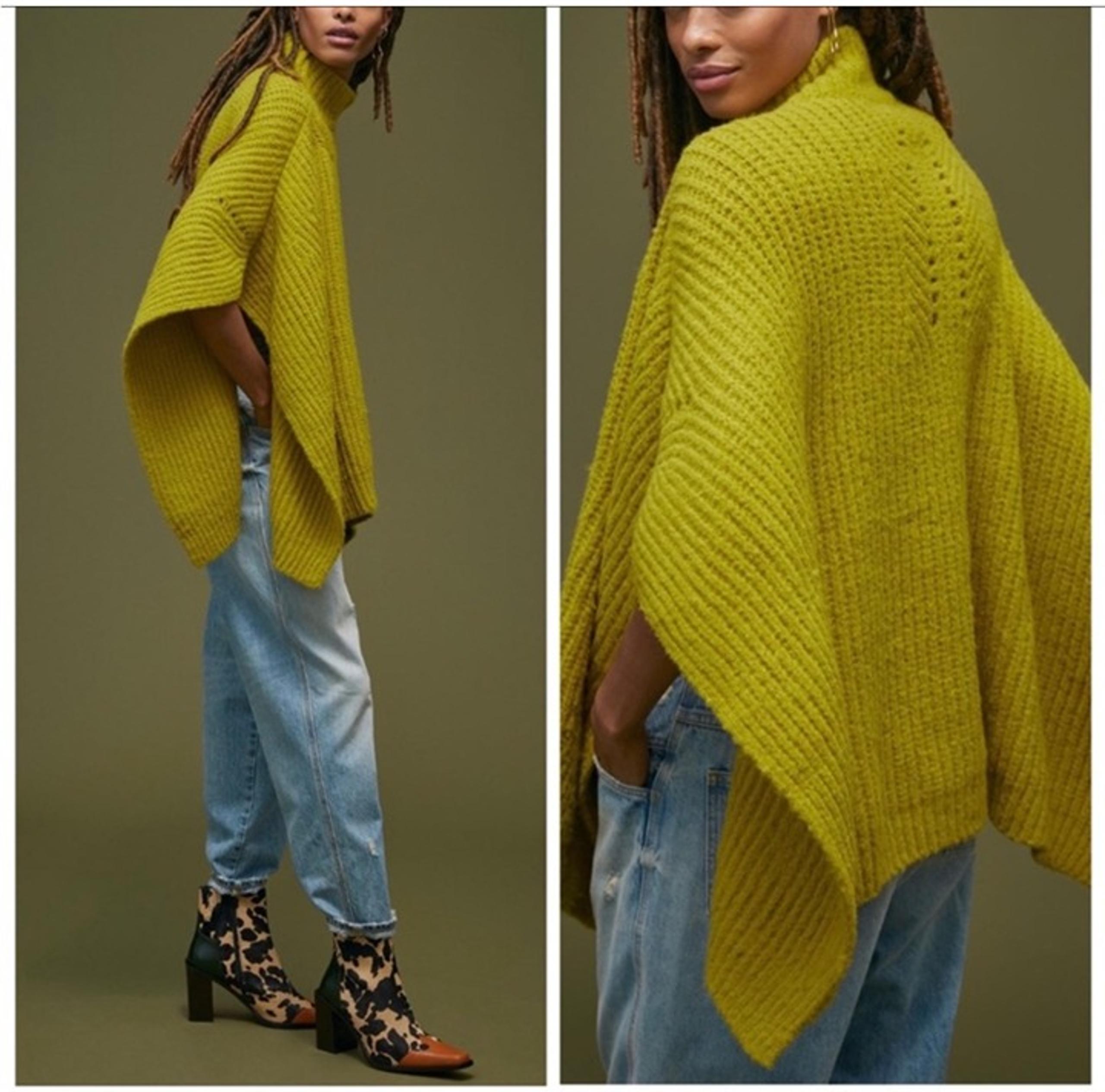 Anthropologie Ribbed Knit Poncho Mock Neck In Mustard Yellow One Size