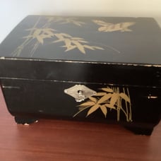 Antique Japanese black lacquer jewelry and music box.