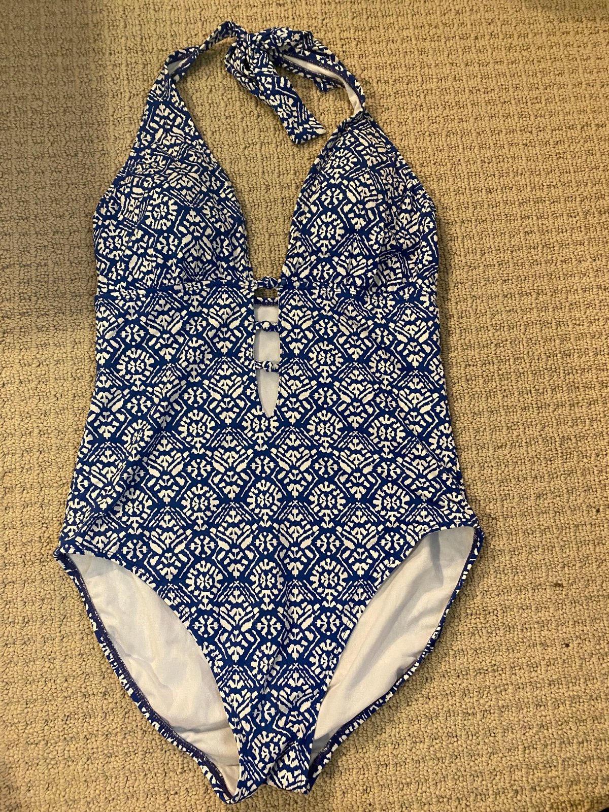 Lauren Ralph Lauren womens blue patterned plunge one piece swimsuit size 8 VGUC