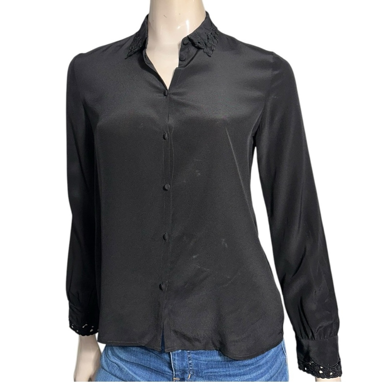 Sezane Women’s 36 S Black Silk Lace Cut Out Wrist Cuffs Collar Button Down Shirt