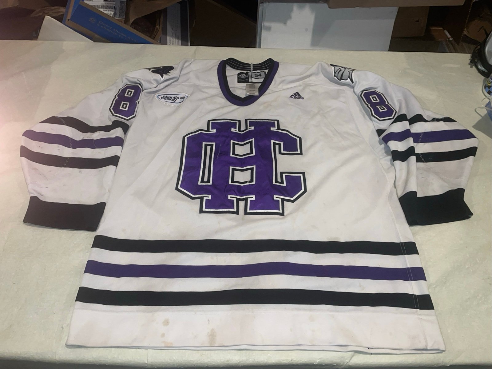 Game Used Holy Cross Crusaders Jersey 54 Authentic JERSEY #8 Adidas Atlantic