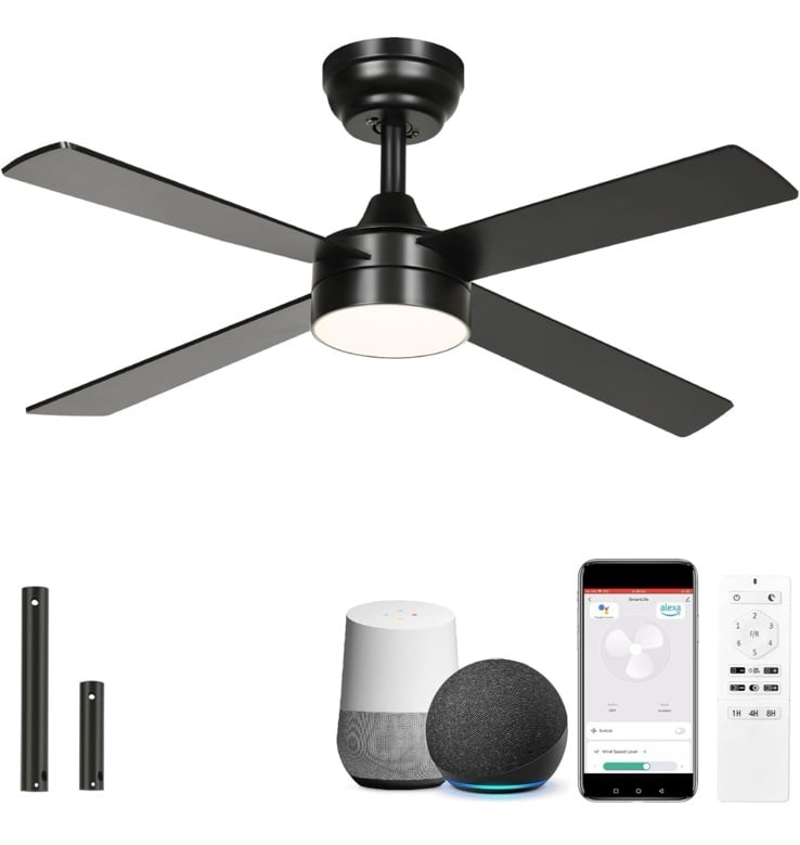 YITAHOME 48 Inch Black Ceiling Fan with Lights and Remote,4 Blades,