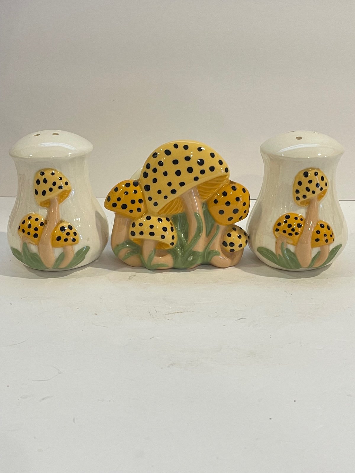 Vintage Mushroom Ceramic Napkin Holder & Shakers 1970’s
