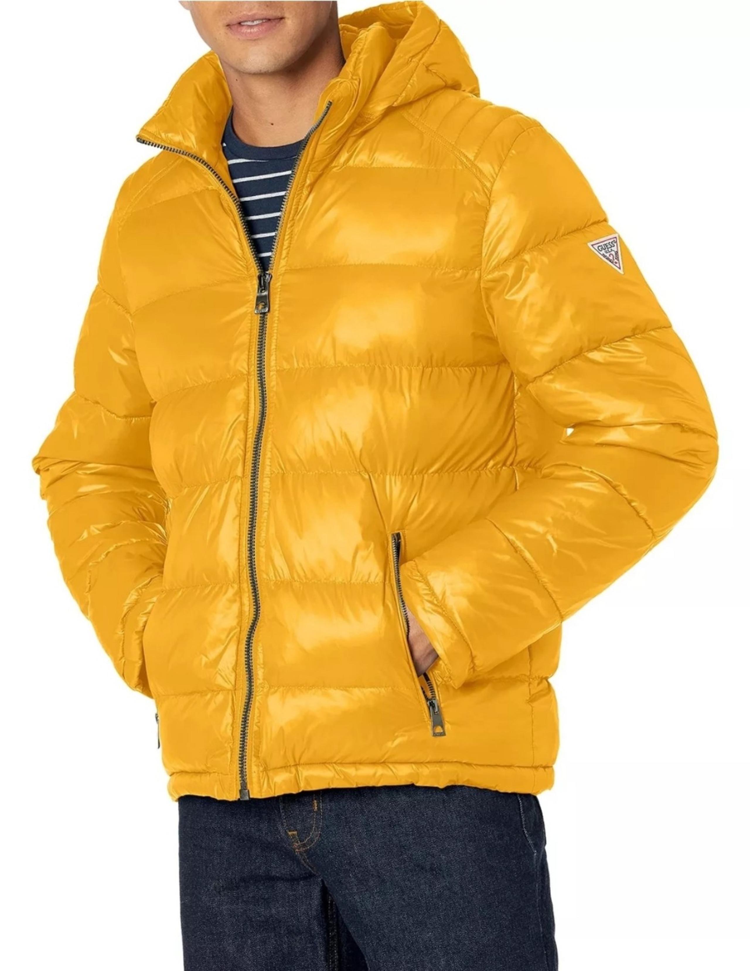 NWT GUESS Men's Mid-Weight Puffer Jacket with Removable Hood, Yellow, Small