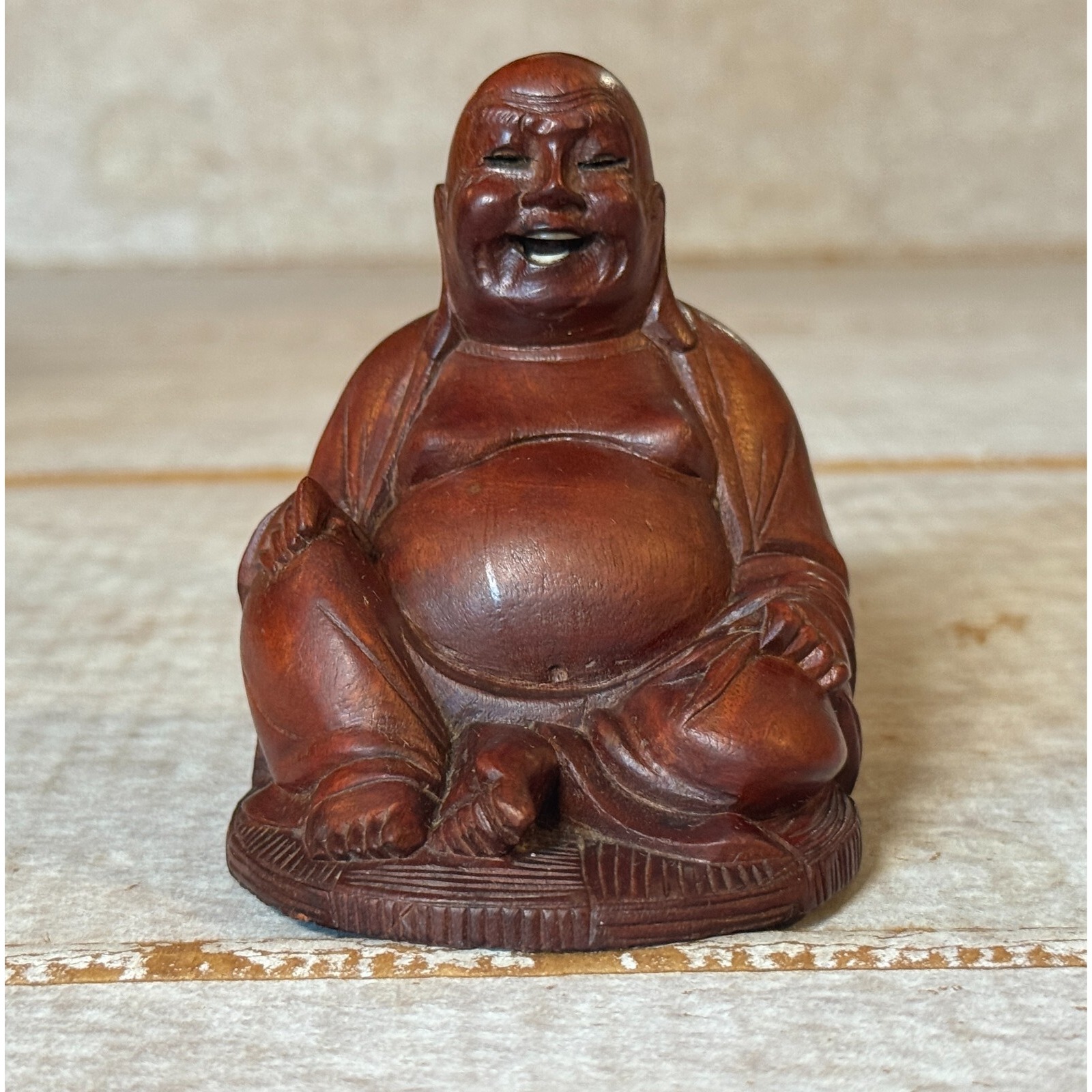Vintage Carved Wood Laughing Buddha Statue Hong Kong 3 Inlaid Teeth Decor