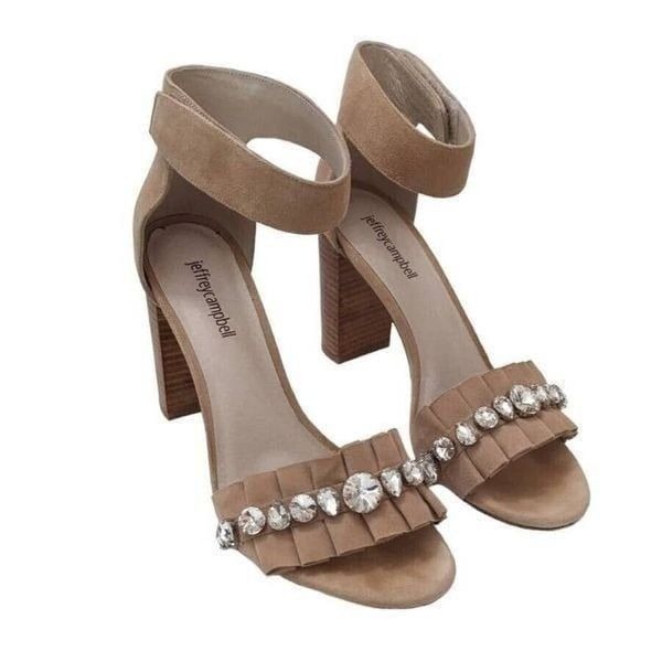 Anthropologie Jeffrey Campbell Purdy Heels 9.5 Tan Suede Jeweled Ruffled Stacked