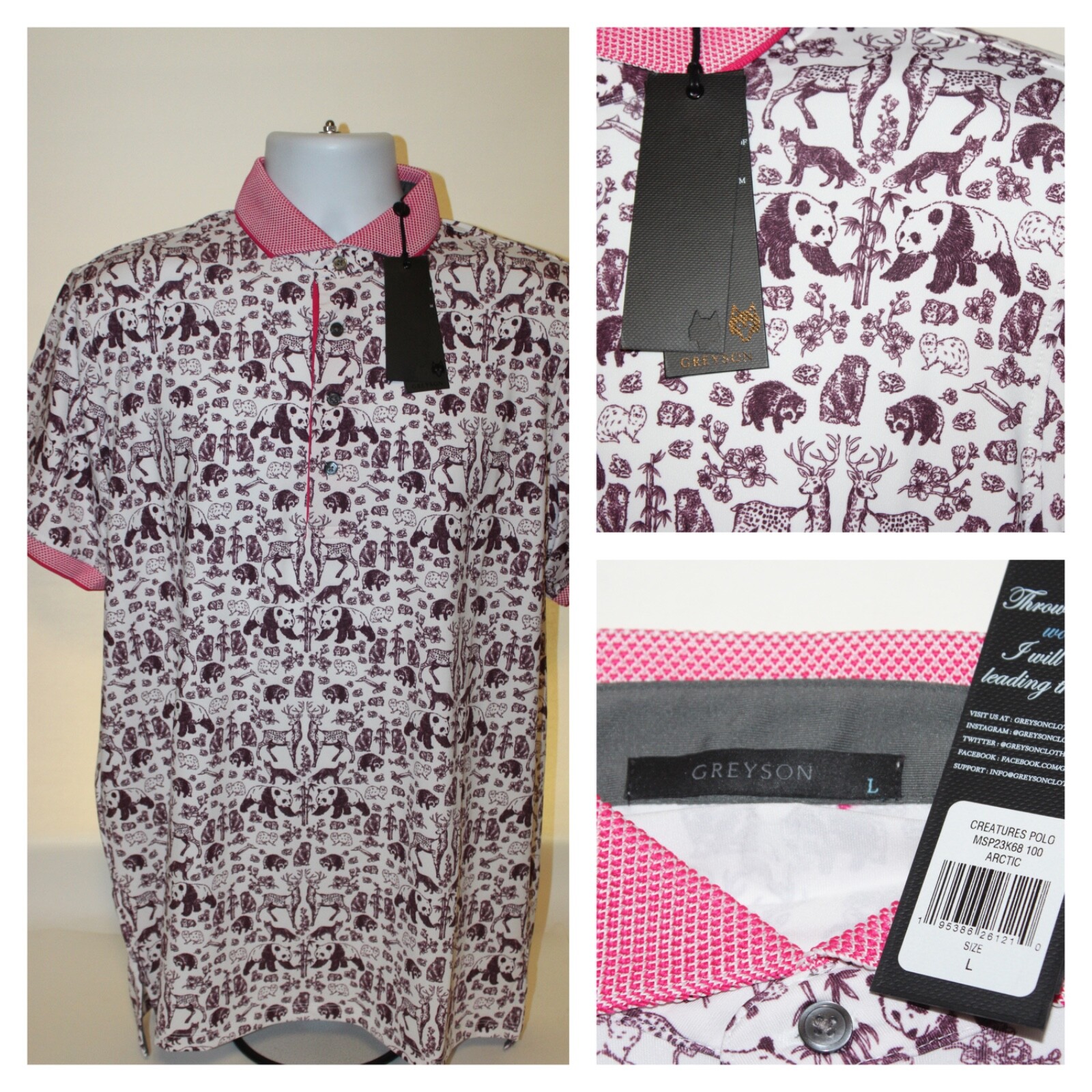 NWT Greyson Creatures Performance Golf Polo Shirt Animals Print Arctic Size L