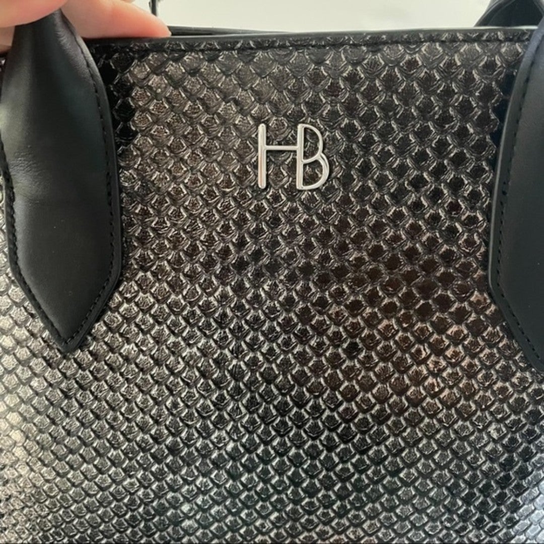 Henri Bendel Black Metallic Shiny Metallic Snake Print on sale Leather Handbag
