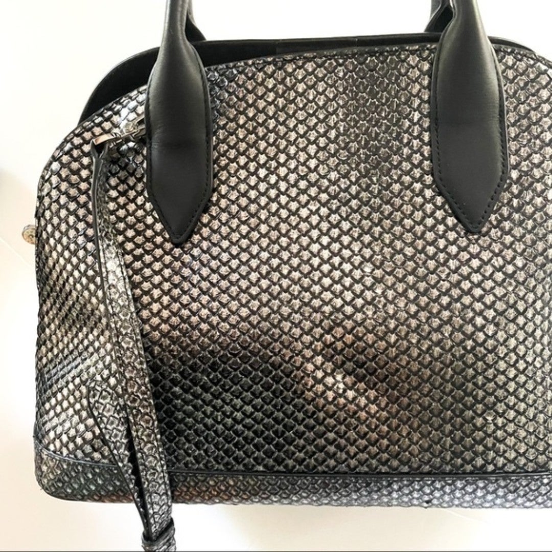 Henri Bendel Black Metallic Shiny Metallic Snake Print on sale Leather Handbag