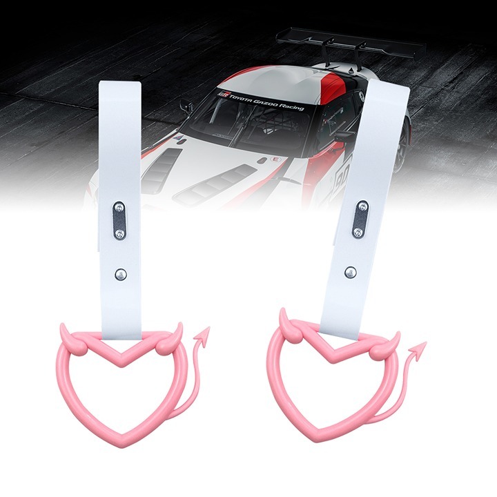 BRAND NEW 2PCS DEVIL LOVE HEART PINK JDM TSURIKAWA RING White Handle Strap Drift