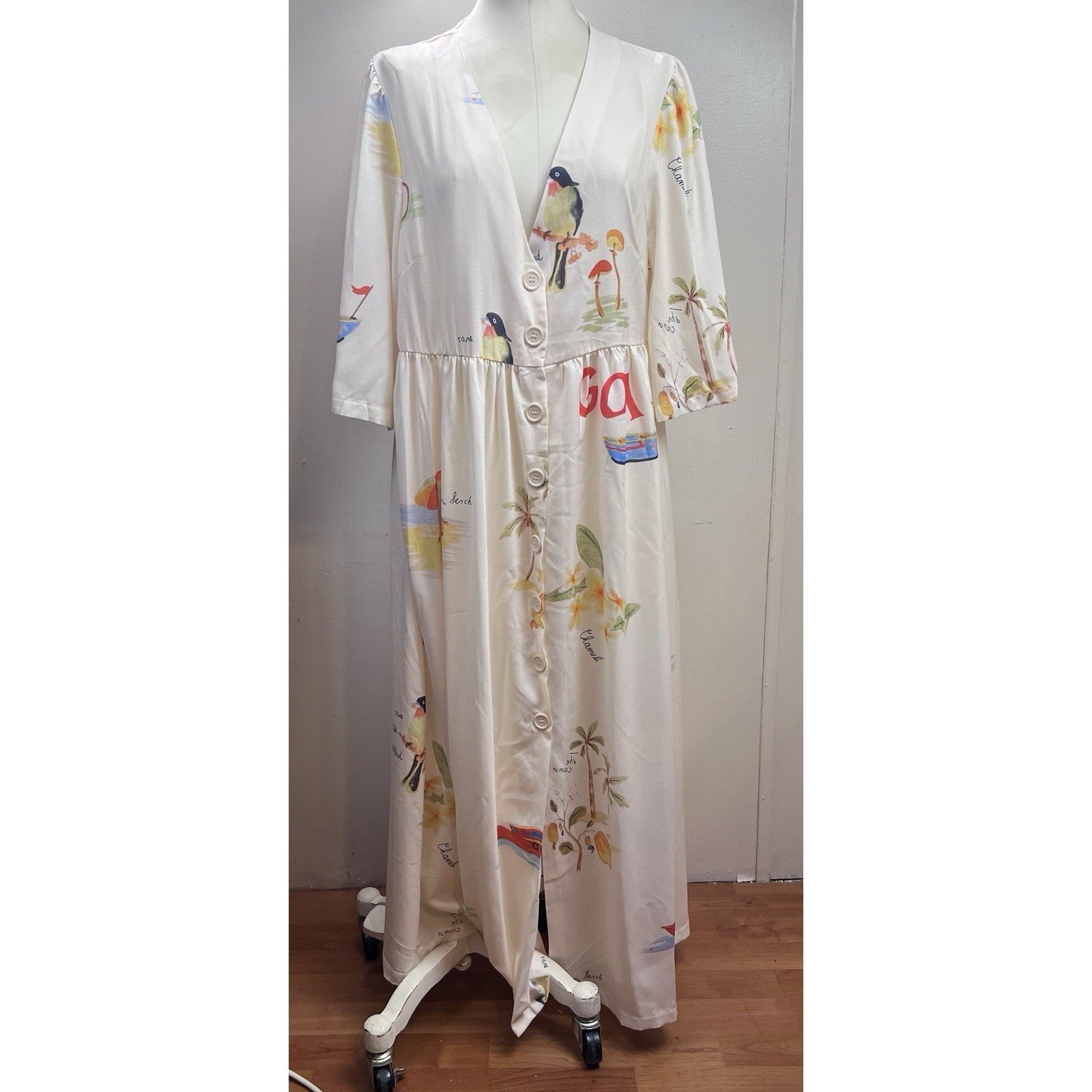 Maxi Dress Button Front Bird Print Casual Long Sleeve Dress Size L GOA Beach