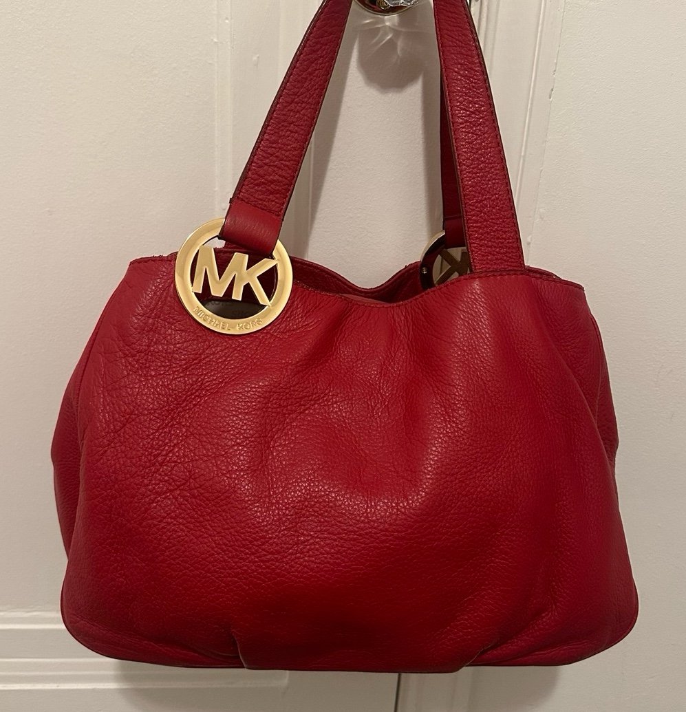 Michael Kors Fulton Large Cherry Red Leather East West Shoulder Bag