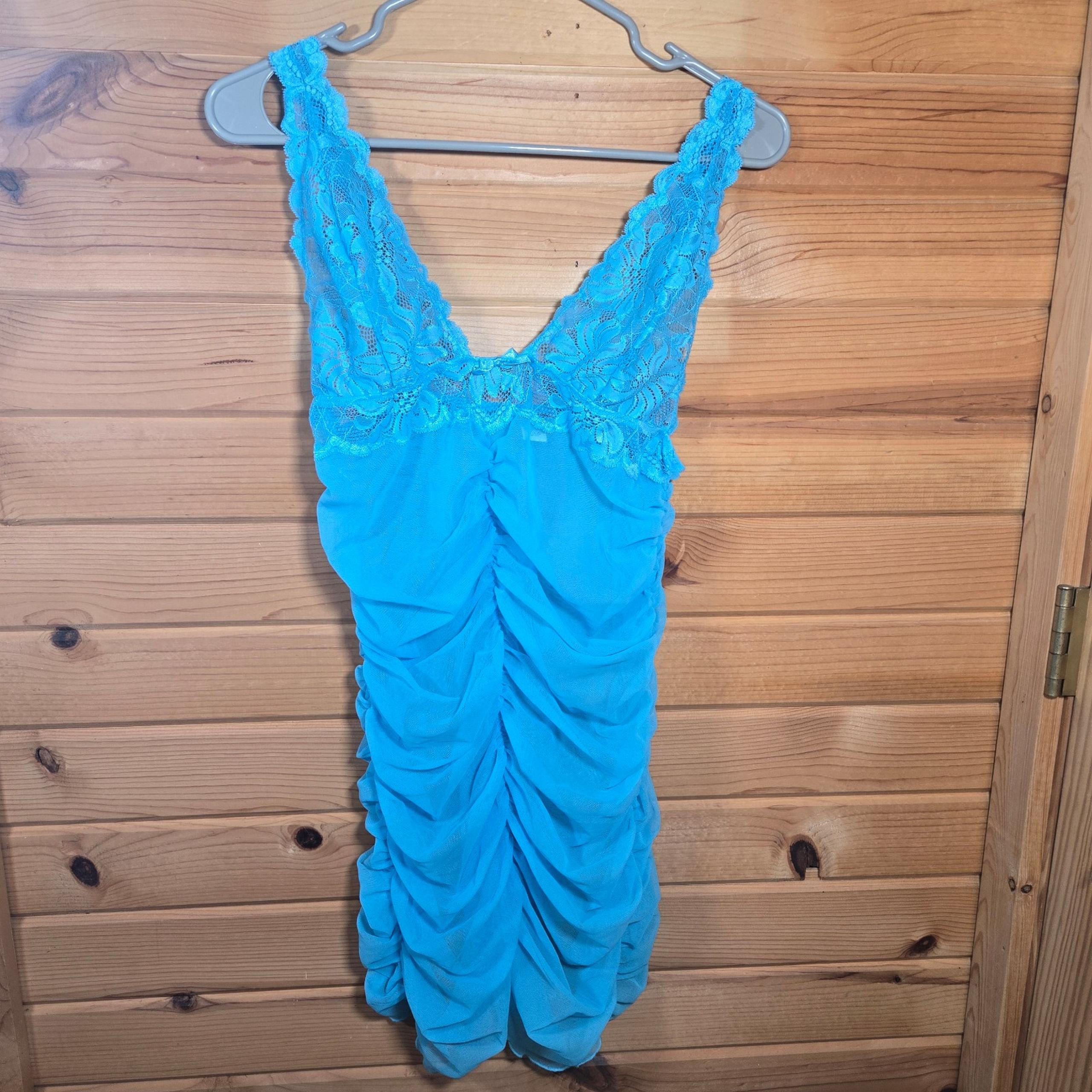 Frederick's of Hollywood Sheer Lace Dress Vintage Blue Ruched XL Siren Boudoir