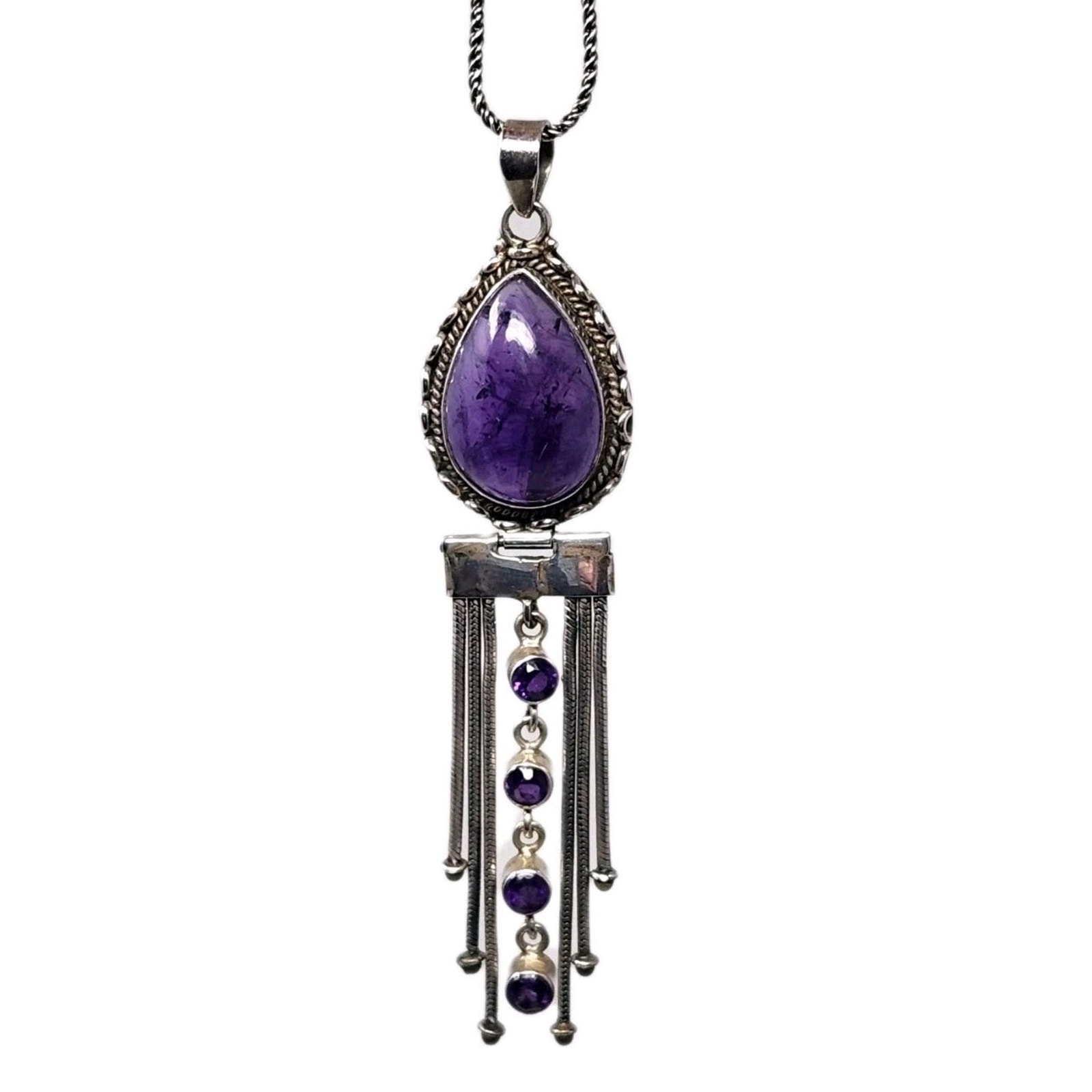 925 Sterling Silver Amethyst Teardrop Cabochon Fringe Dangle Pendant Necklace