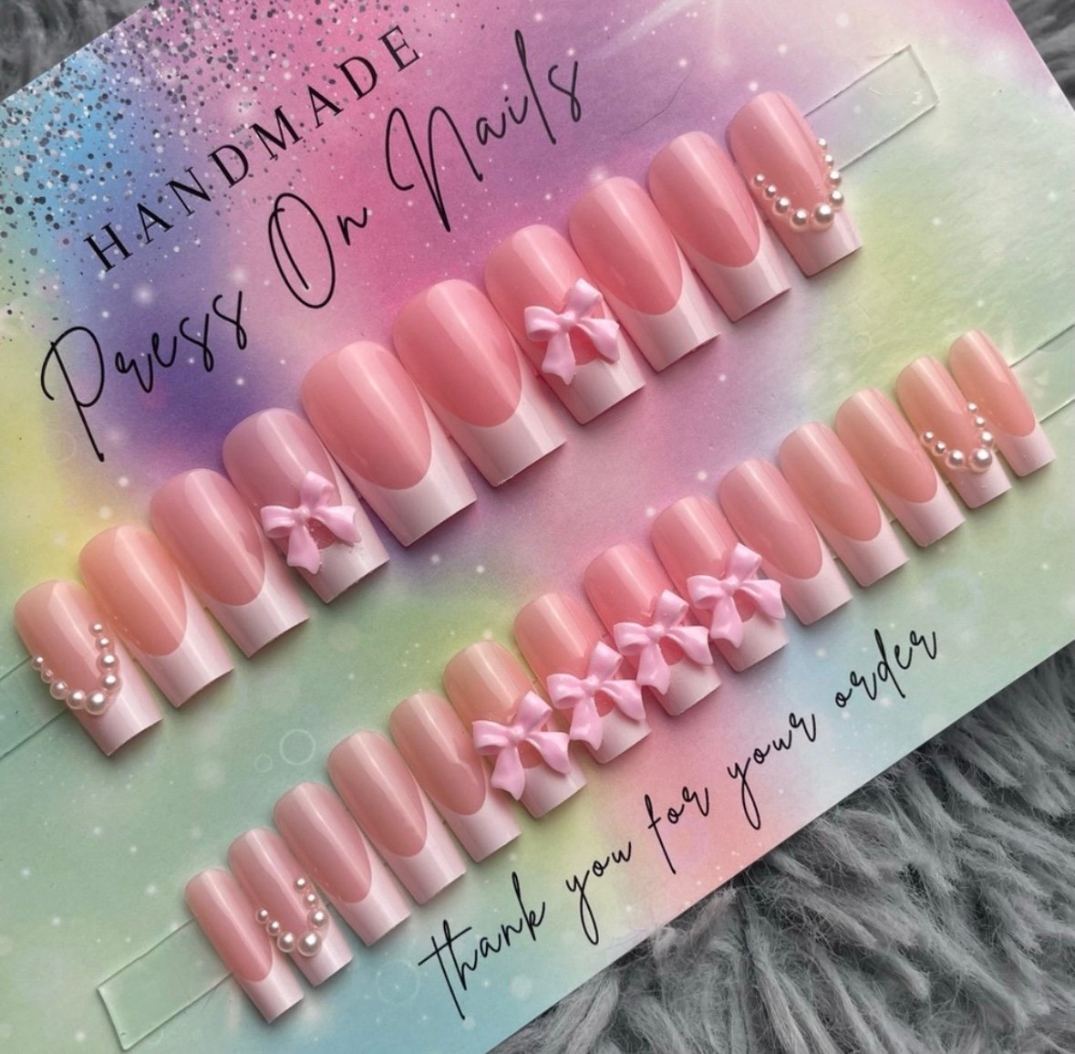 Medium square press on nails white French tips pink bows pearls handmade
