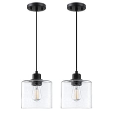 Vintage Hanging Pendant Light Black Finish Handblown Clear Seeded Glass 2 Pack