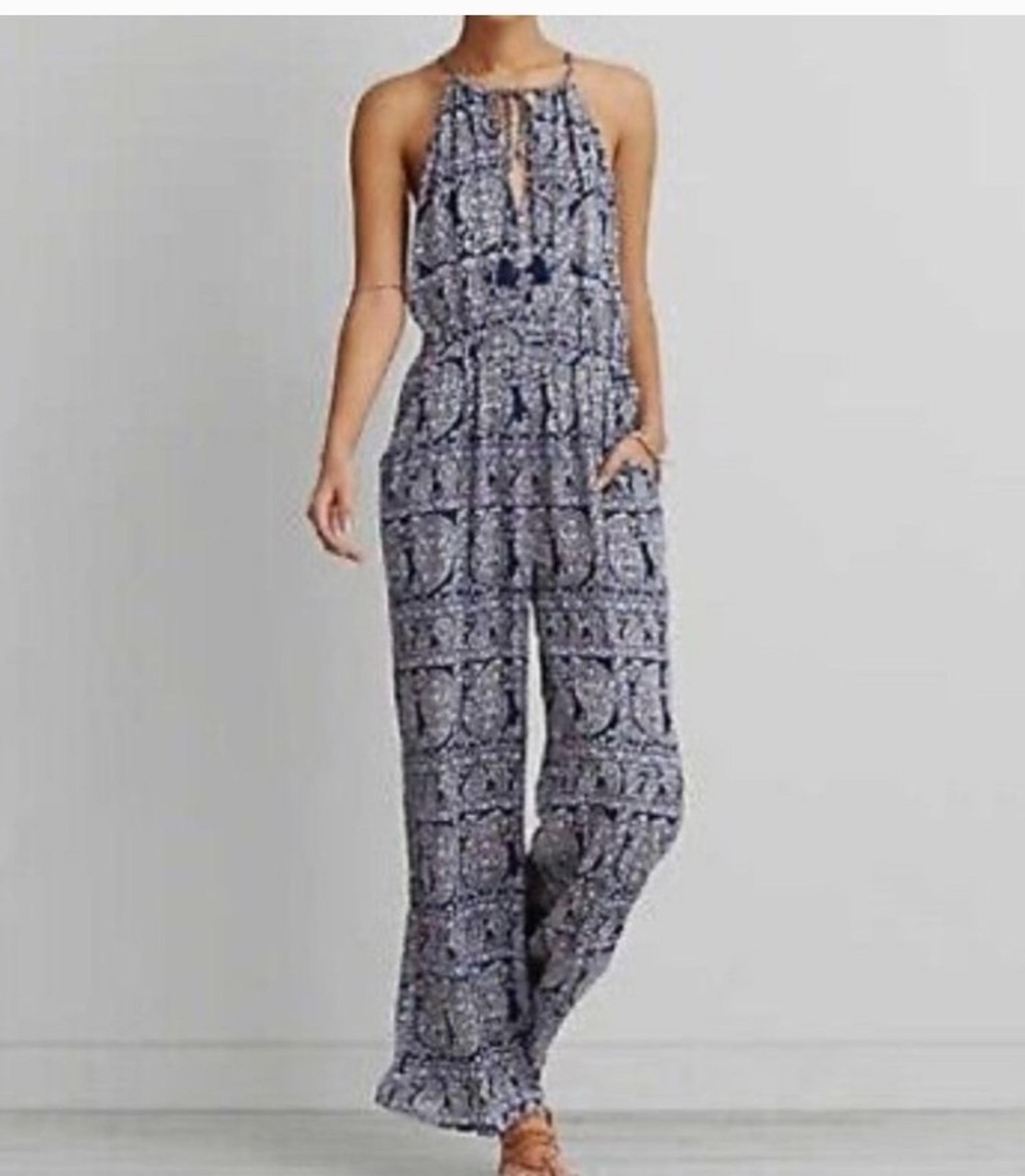 American eagle linen paisley jumpsuit romper one piece navy blue ivory xs