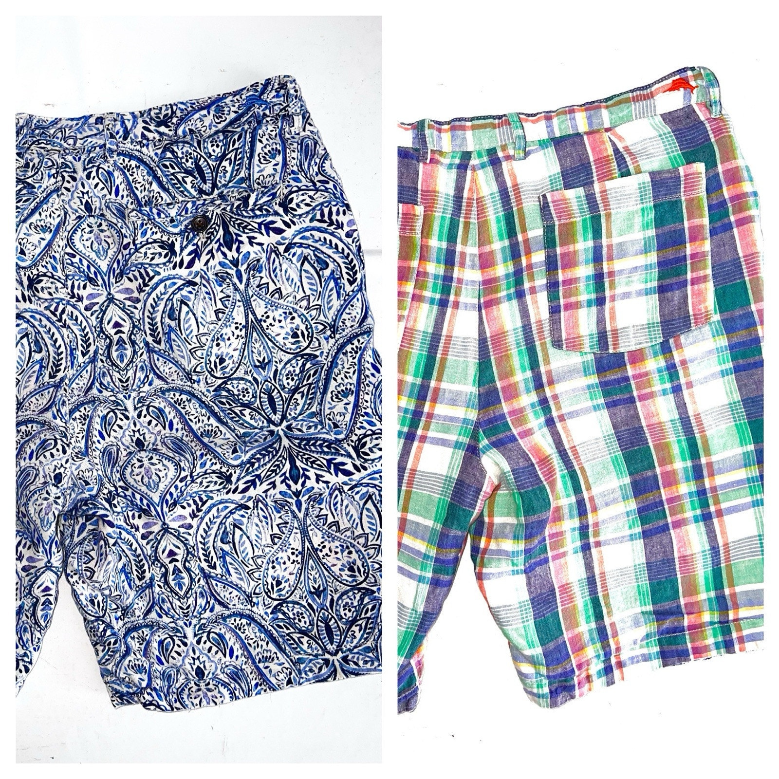 TOMMY BAHAMA REVERSIBLE FLAT FRONT LINEN SHORTS SIZE 36 BLUE FLORAL / PLAID