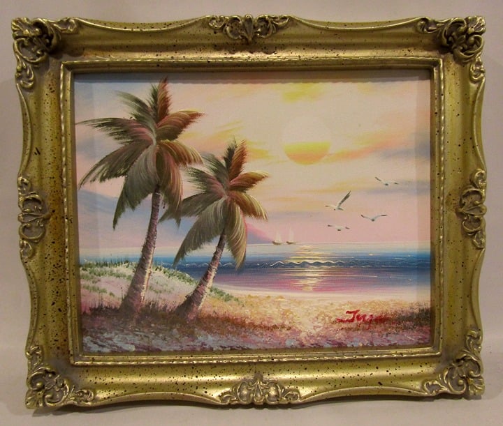 VTG Original Oil Painting on Canvas TROPICAL SEASCAPE by Joice Ornate Frame