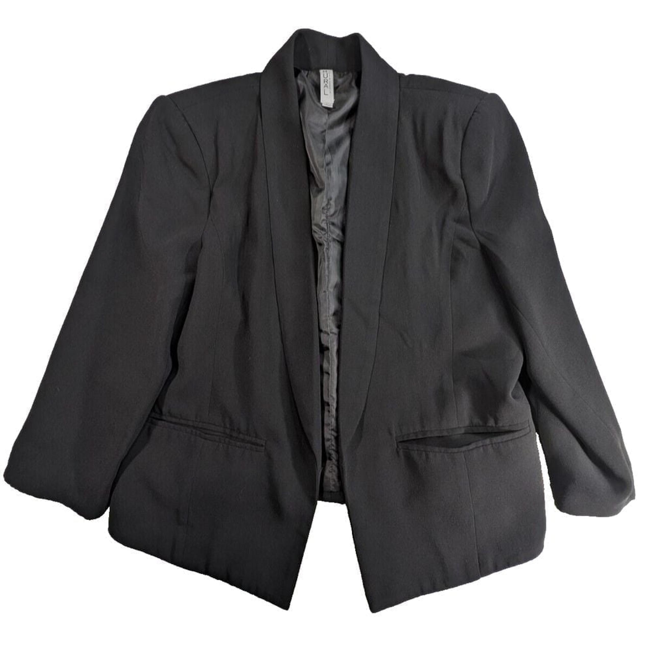 Mural Suit Jacket Blazer LARGE Solid Black Open Front Lined Single Breasted