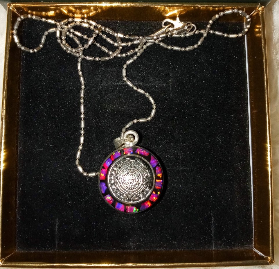 Vintage Mexican Aztec Calendar. 925 Sterling Silver Double Sided Pendant