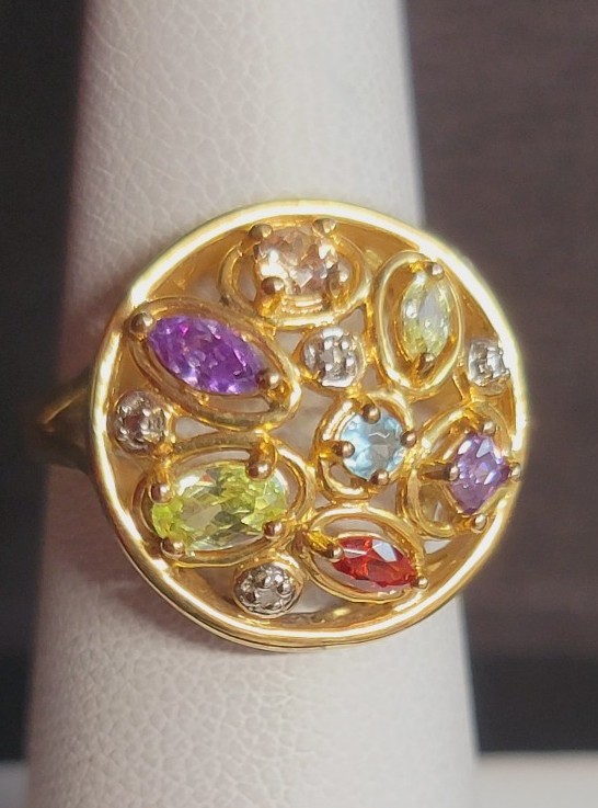 R459 Gold Natural Multigemstone Cocktail Ring Size 6