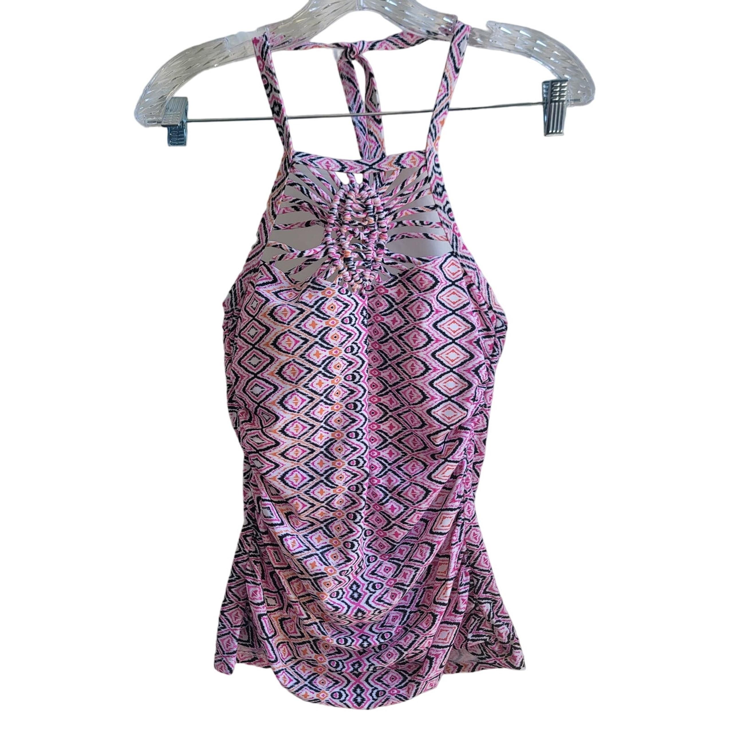 Island Escape Tankini Top Size 8 Halter Padded Pink Geometric Pattern Woven
