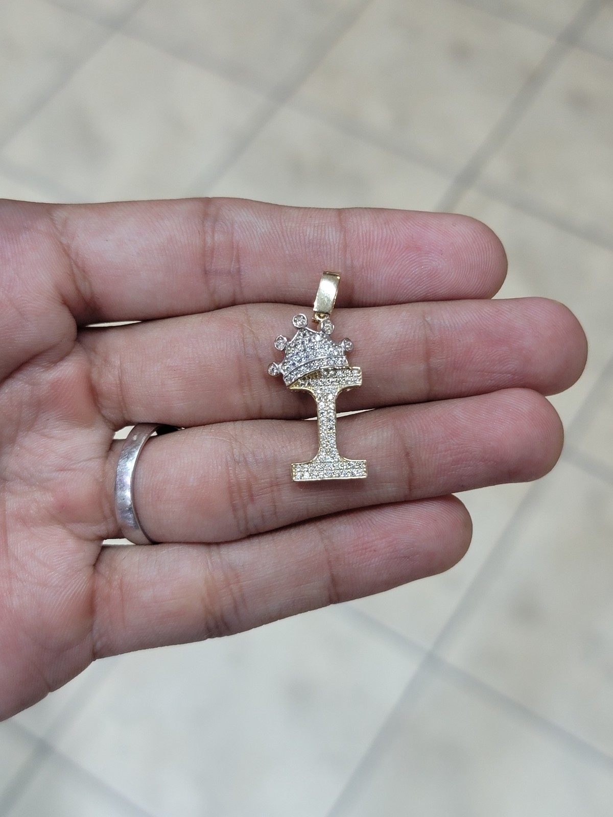 Solid 14k Gold Yellow Gold Pave I Initial pendant