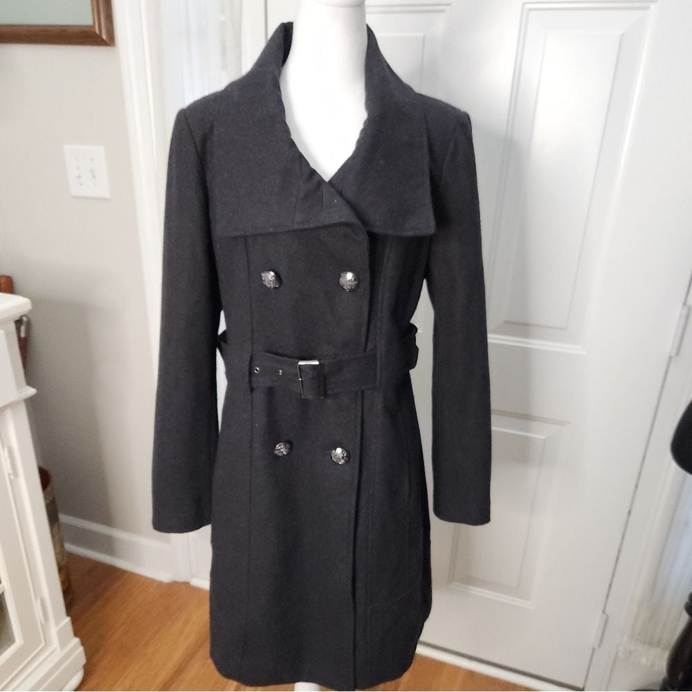 Guess Trench Coat Dark Gray Wool Blend Size Small