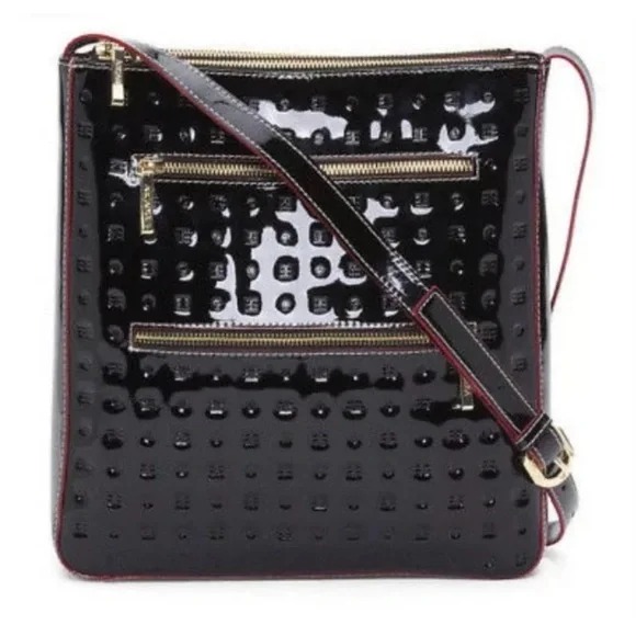 Arcadia genuine patent leather made in Italy black & red strap crossbody bag
