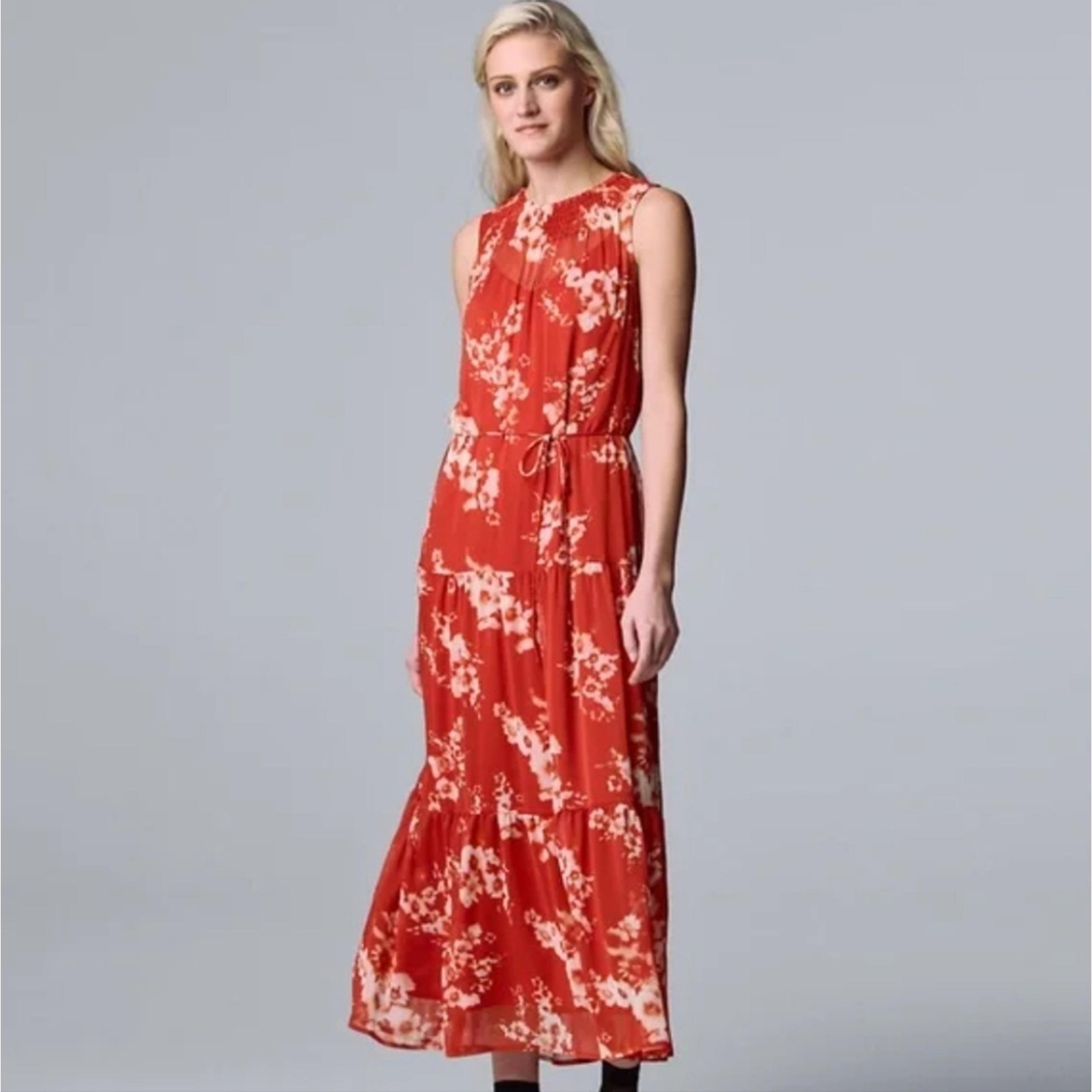 Vera Wang Dark Orange White Floral Sleeveless Tier Flowy Boho Maxi Dress Sz 2XL