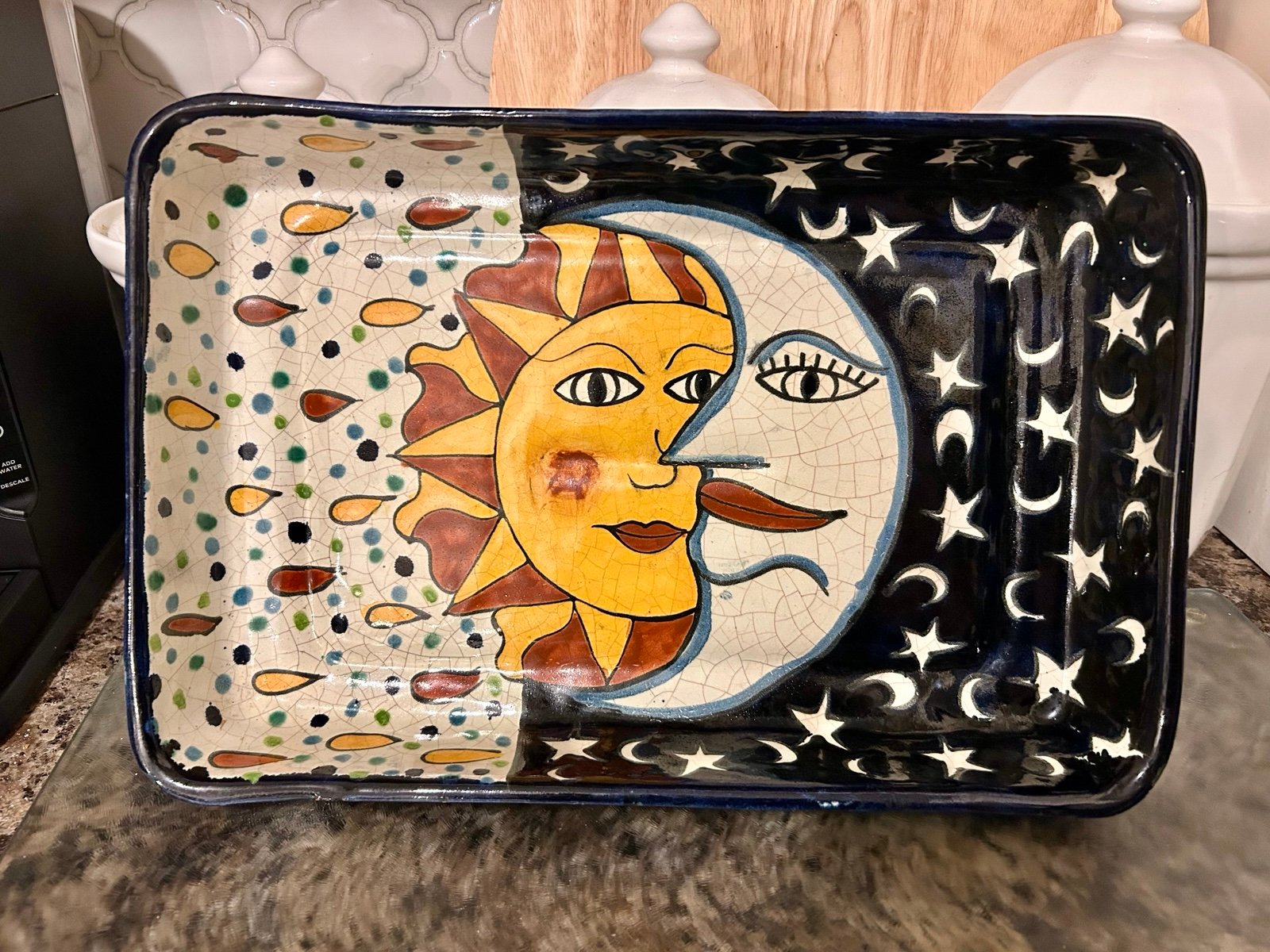 VTG Mexico Talavera Pottery Sun Moon casserole Dish serving platter Clay Glazed