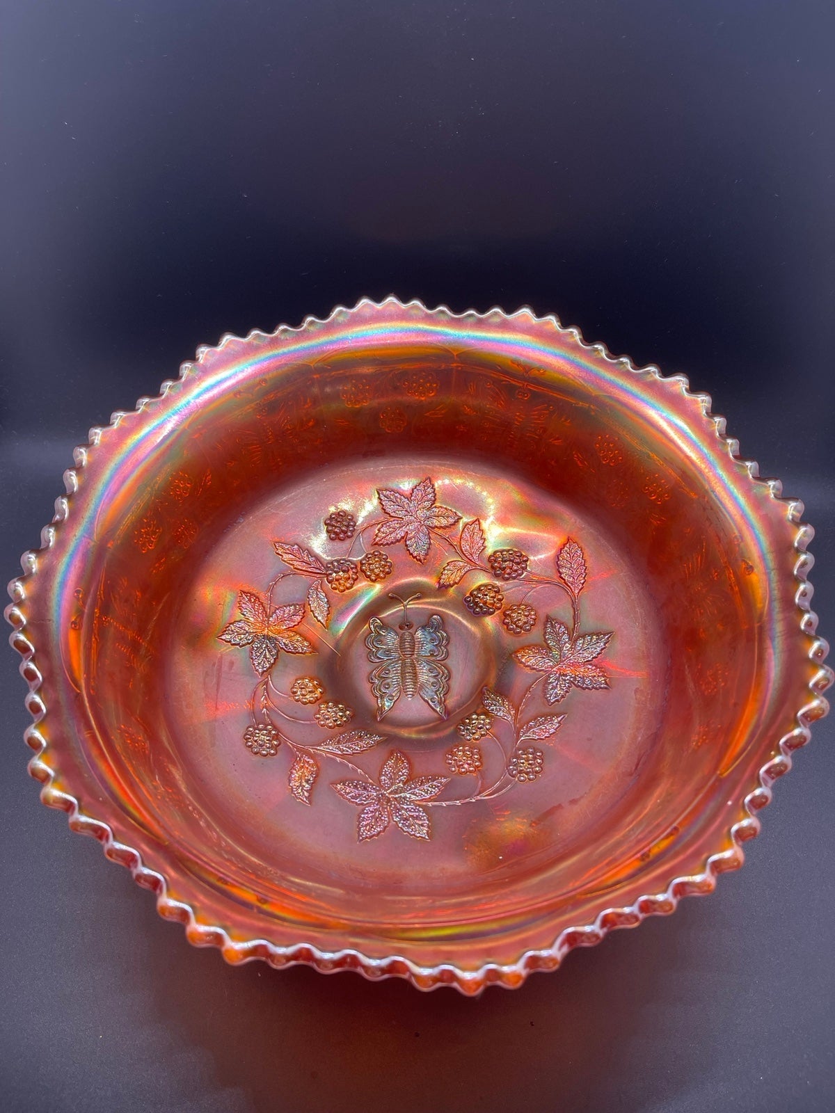 1930s Fenton Marigold Carnival Glass 9 1/2 Bowl - Butterfly and Berry