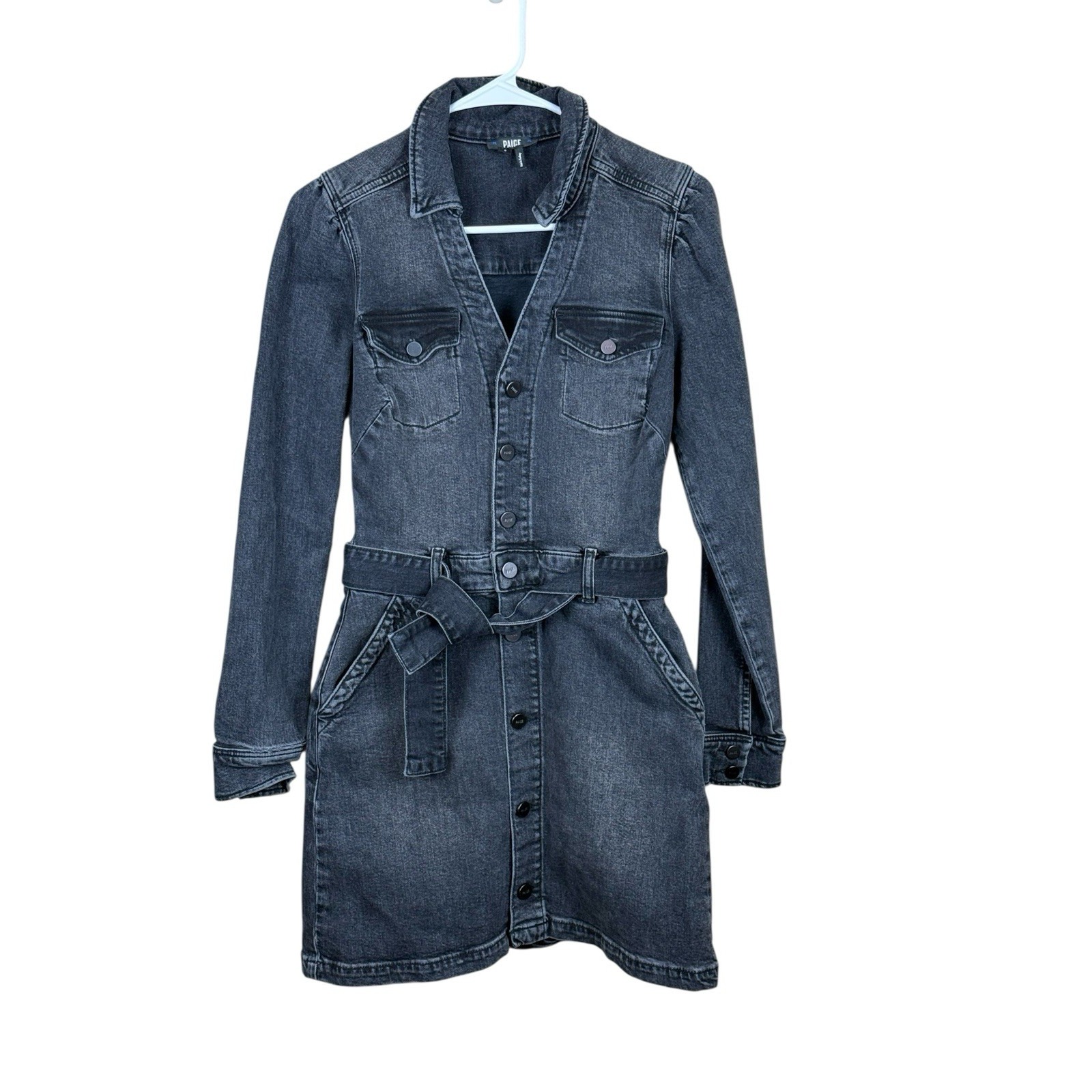 Paige Mayslie Long Sleeve Denim Dress 2 Front Button Chest Flap Pockets Belted