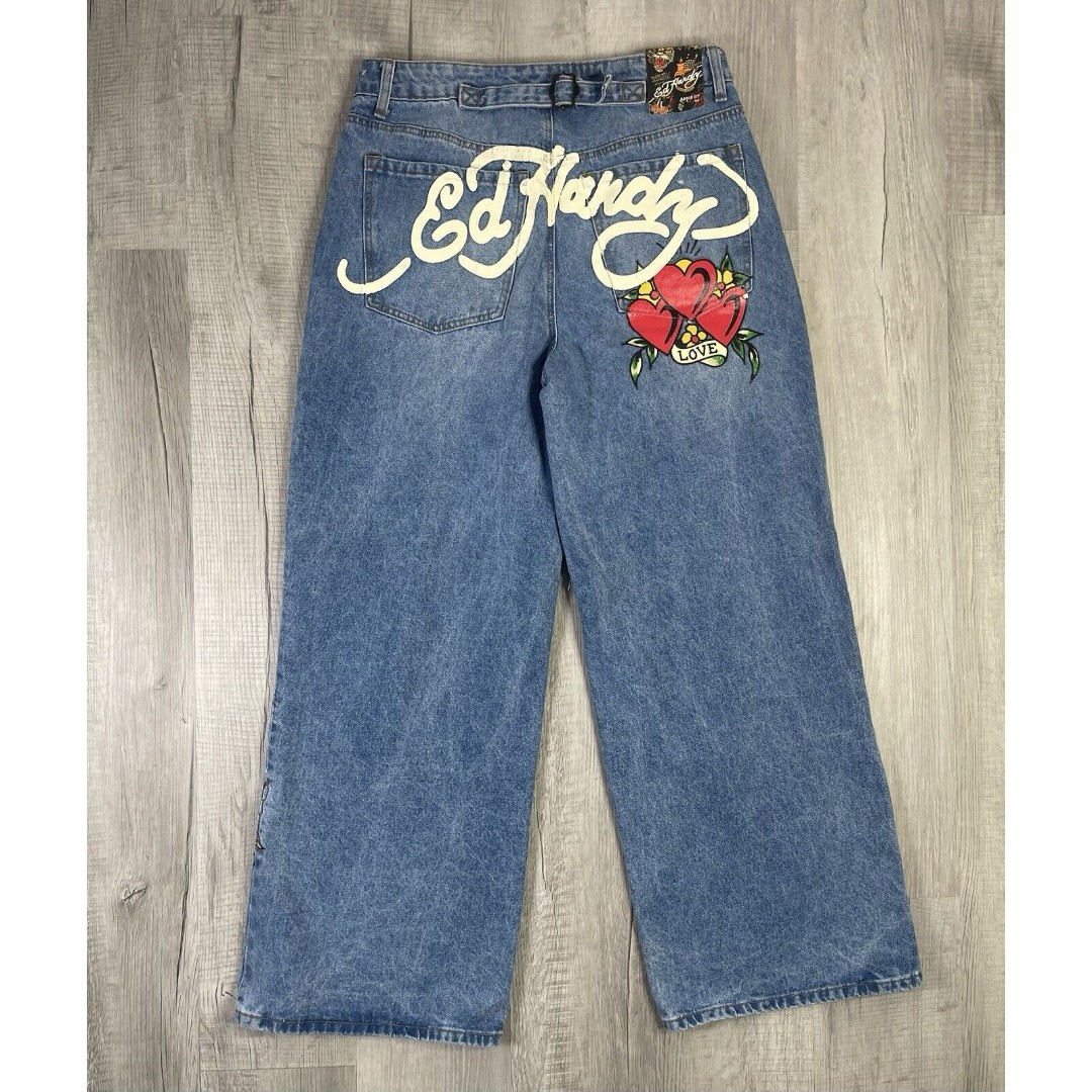 Ed Hardy Heart Dagger Love Wide Leg Loose Fit Retro Light Jeans Size 32 Y2K R