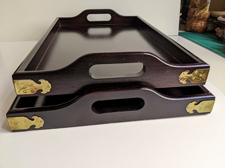 2 Pc Wood Stacking Nesting Serving Trays