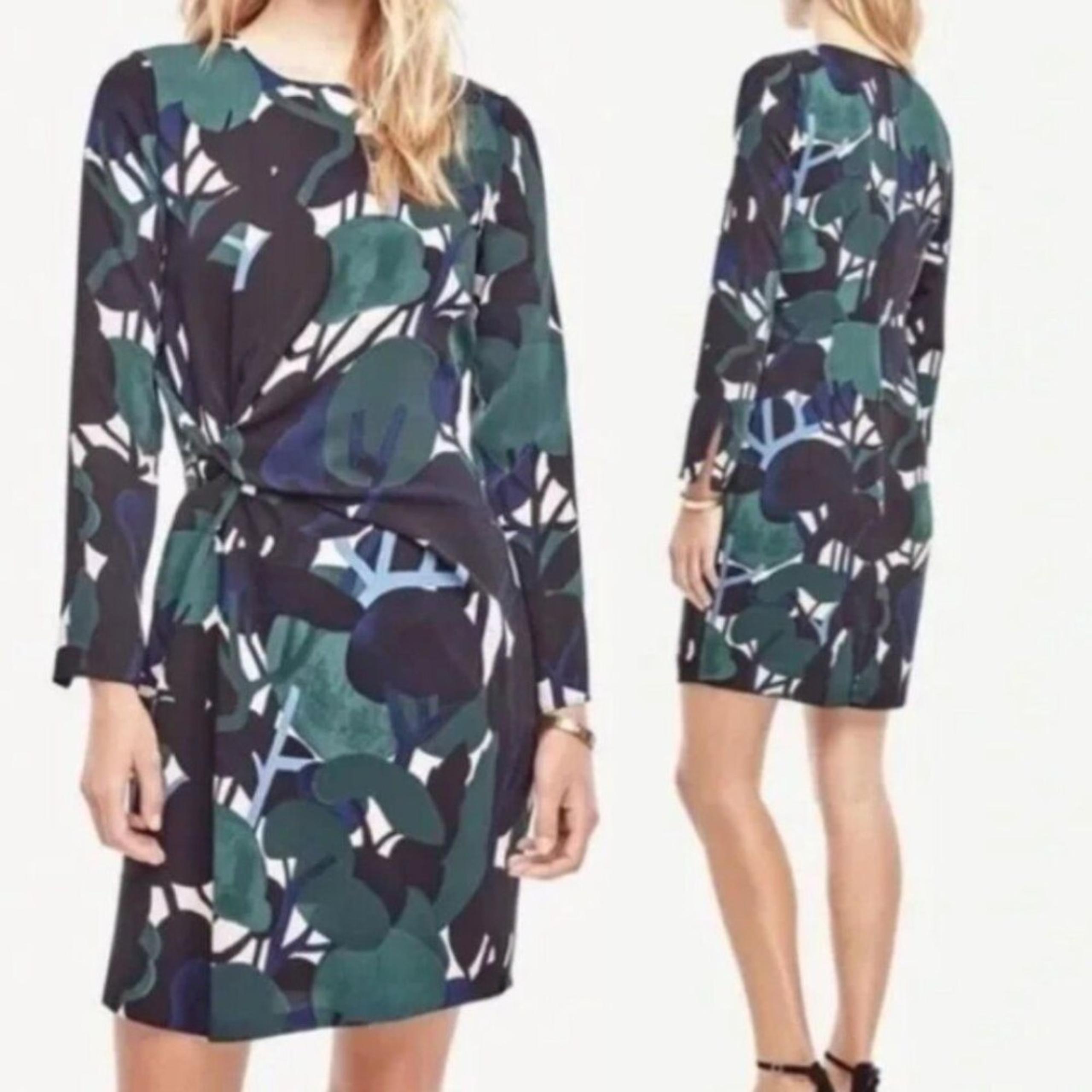 Ann Taylor Petite Cypress Botanical Long Sleeve Dress in Green & Blue 4P